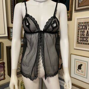 Sheer Black Lace Trim Babydoll Lingerie Nightwear with Bust Cutouts Size M